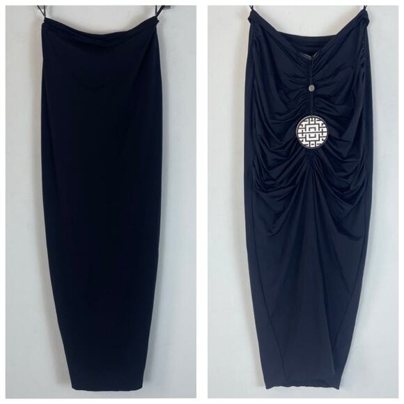 Misha Collection Ruched Back Midi Skirt Medium Slit Black Jersey Whimsigoth NWT - Picture 1 of 11